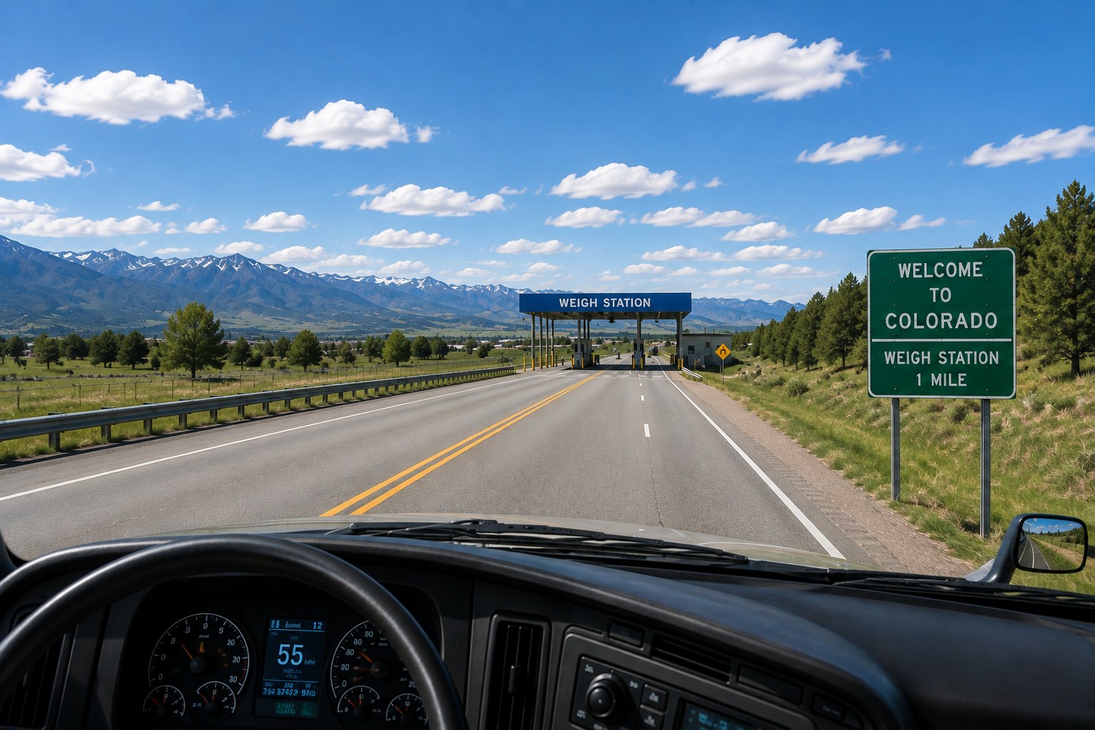 View through the windshield of a Class 8 truck approaching the Colorado state line and weigh station